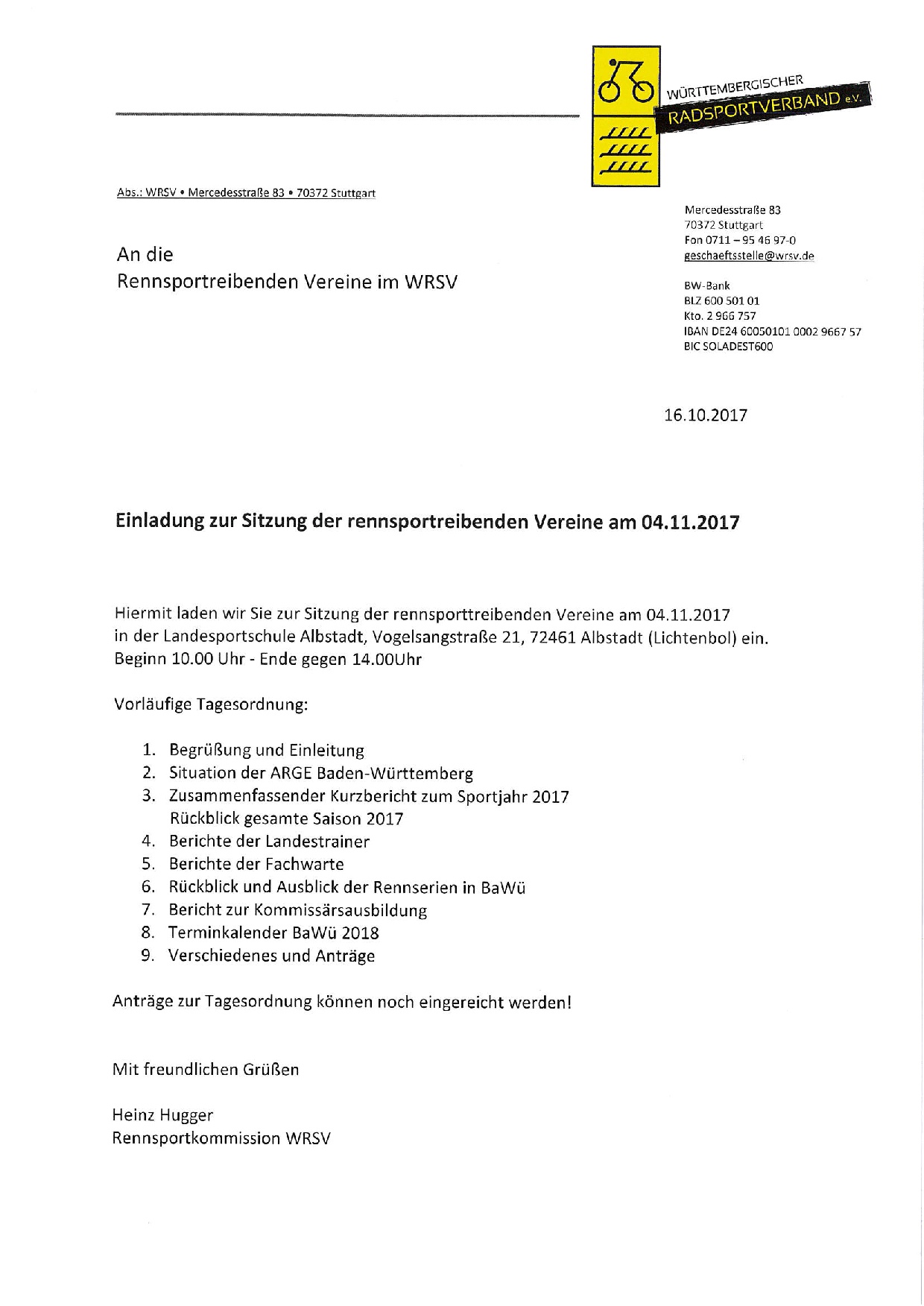 Einladung Sitzung rennsporttreibender Vereine